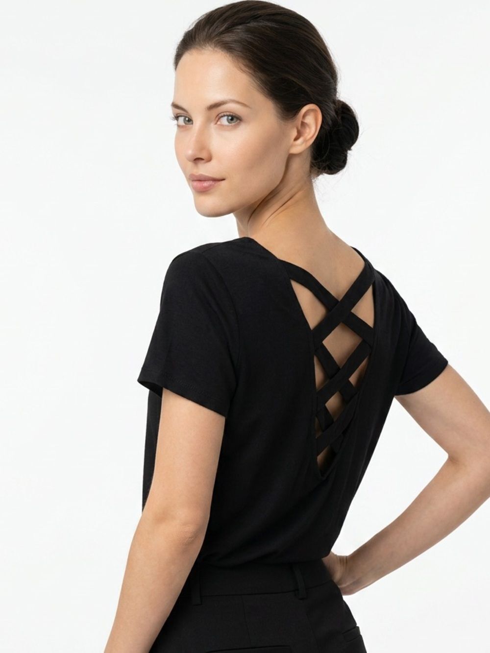 UNBRANDED | Black Crossing Back Strap Short Sleeve Tee Women’s Size Medium